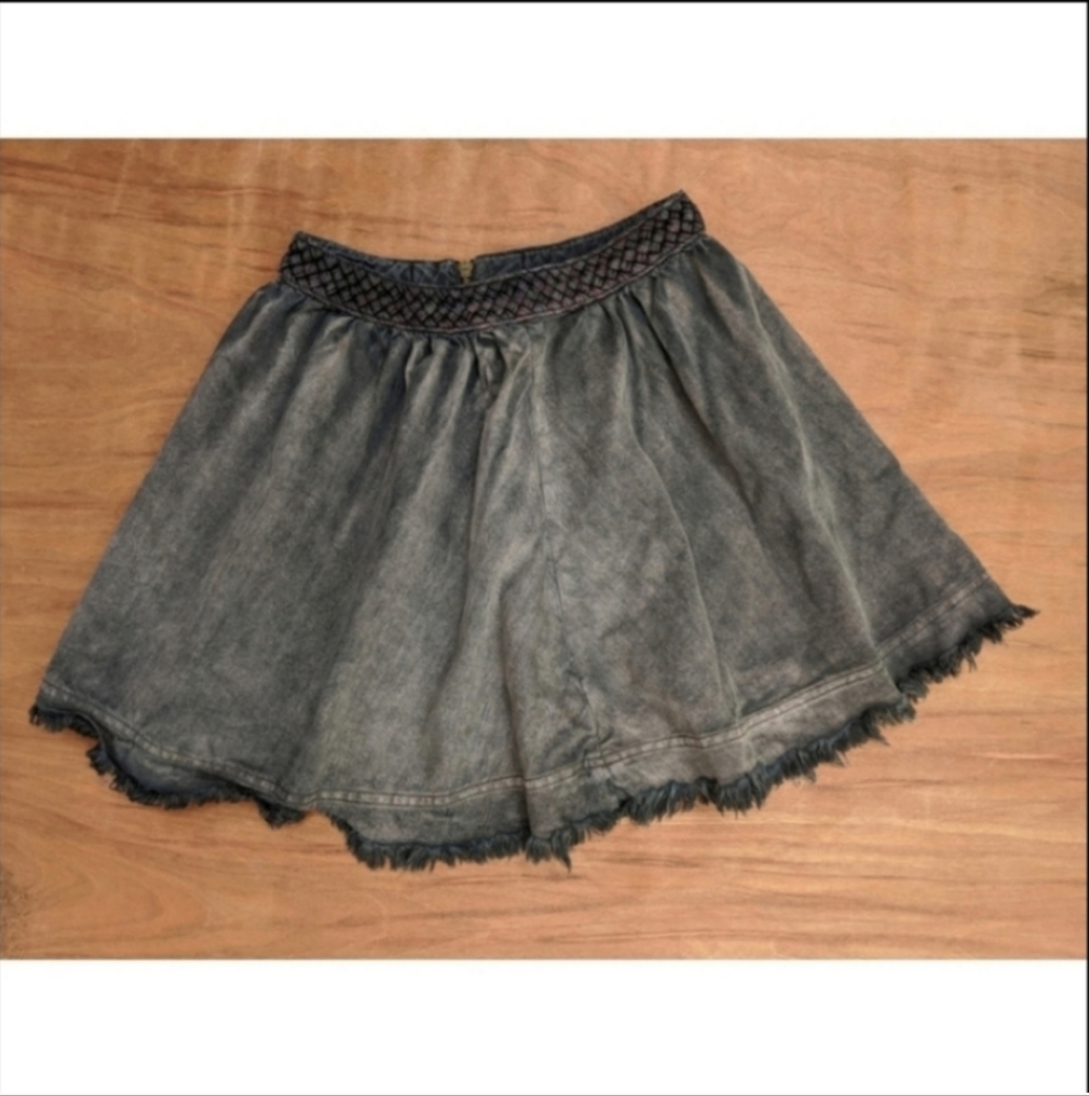 Free People acid wash fringe braided mini skirt 0